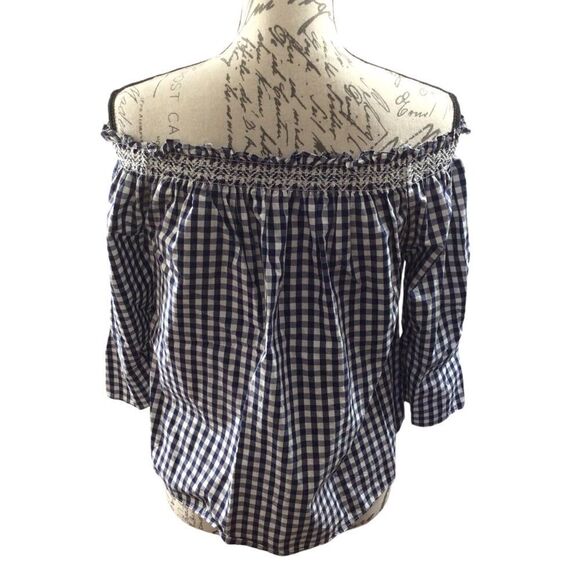 Madewell Smocked Gingham‎ White And Blue Off The Shoulder Top Size Small - Picture 3 of 9